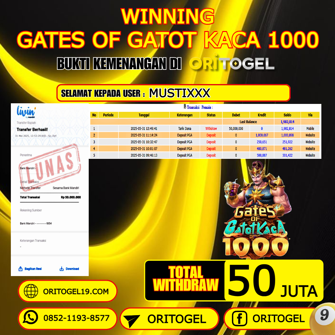 ORITOGEL JACKPOT SLOT GATES OF GATOT KACA 1000 RP.50.000.000,- LUNAS USER ID : MUSTI***
