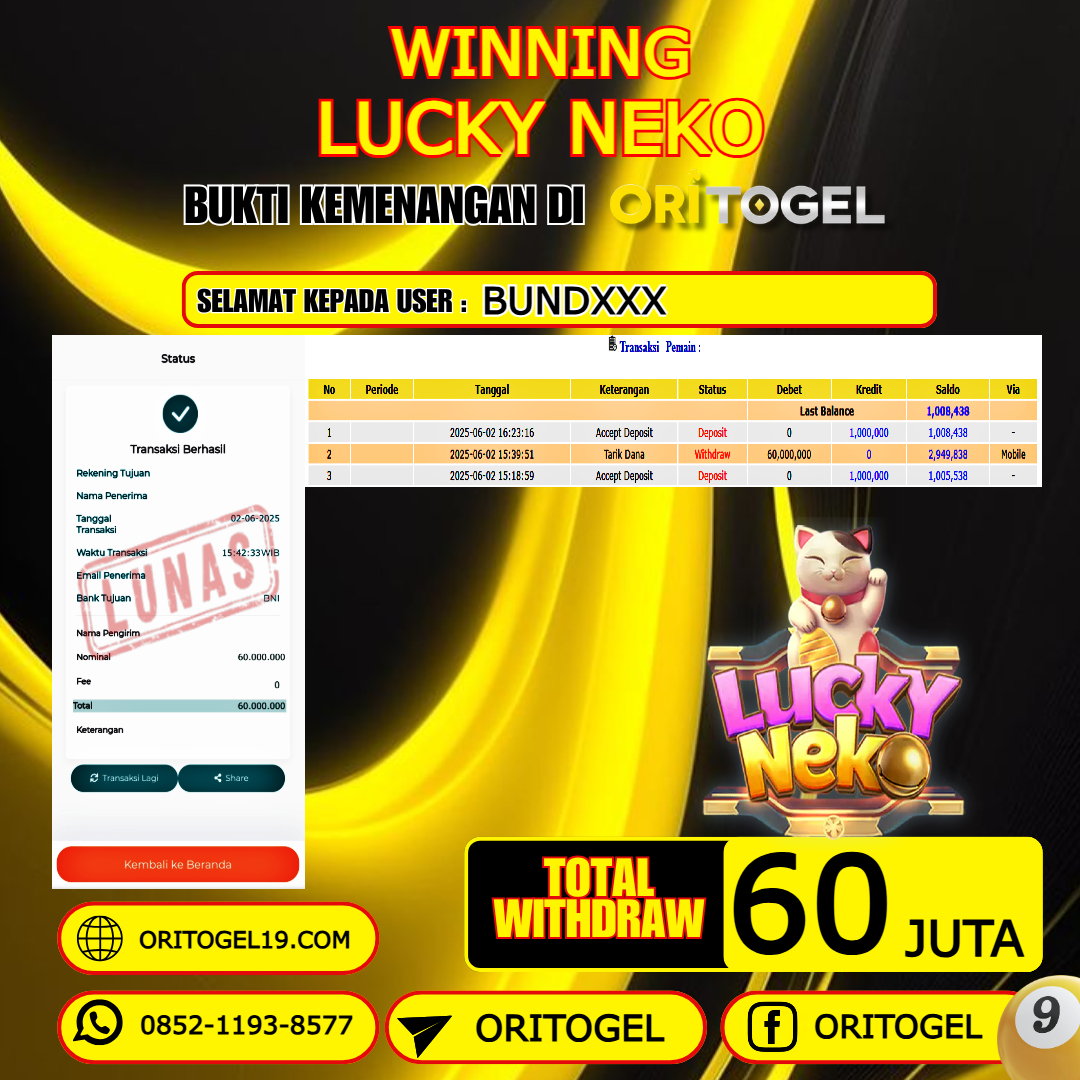 ORITOGEL JACKPOT SLOT LUCKY NEKO RP.60.000.000,- LUNAS USER ID : BUND***