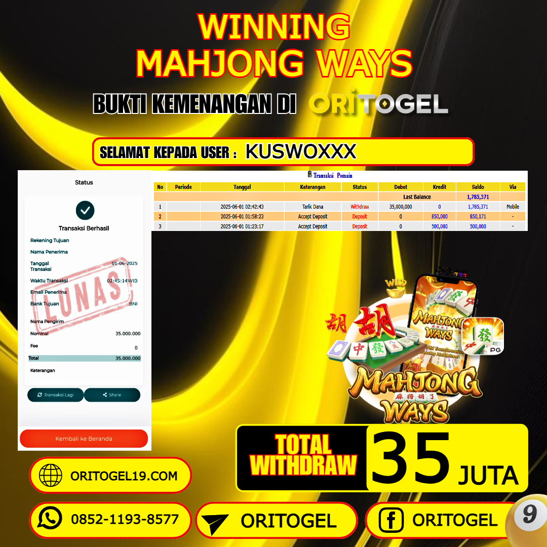 ORITOGEL JACKPOT SLOT MAHJONG WAYS RP.35.000.000,- LUNAS USER ID : KUSWO***