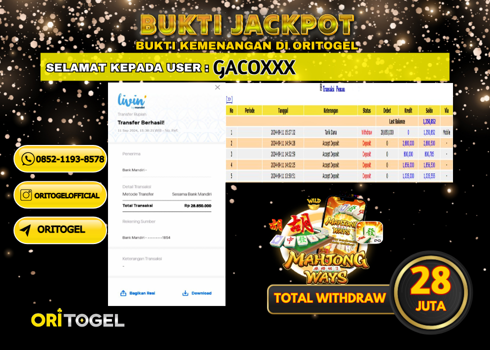 ORITOGEL JACKPOT SLOT MAHJONG WAYS RP.28.000.000,- LUNAS USER ID : GACO****