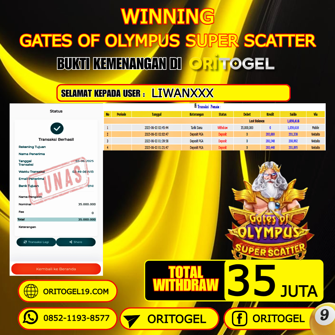 ORITOGEL JACKPOT SLOT GATES OF OLYMPUS SUPER SCATTER RP.35.000.000,- LUNAS USER ID : LIWAN***