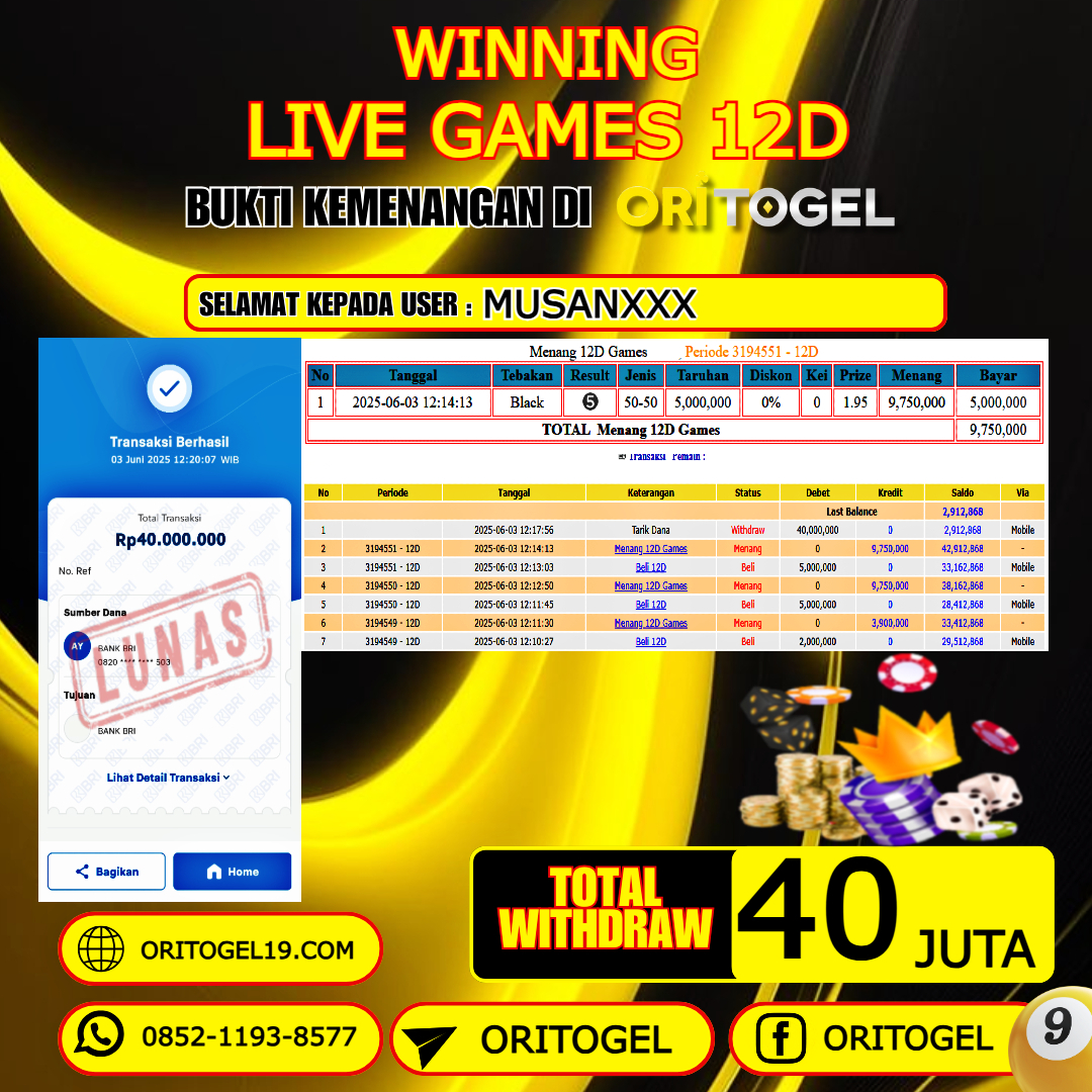 ORITOGEL JACKPOT LIVE GAMES 12D RP.40.000.000,- LUNAS USER ID : MUSAN***