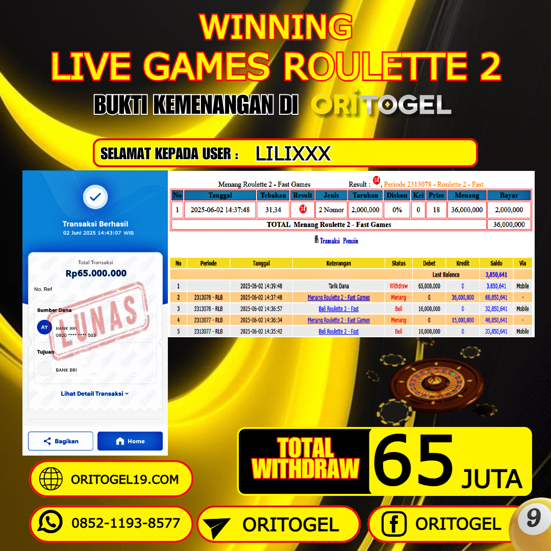 ORITOGEL JACKPOT LIVE GAMES ROULETTE 2 RP.65.000.000,- LUNAS USER ID : LILI***