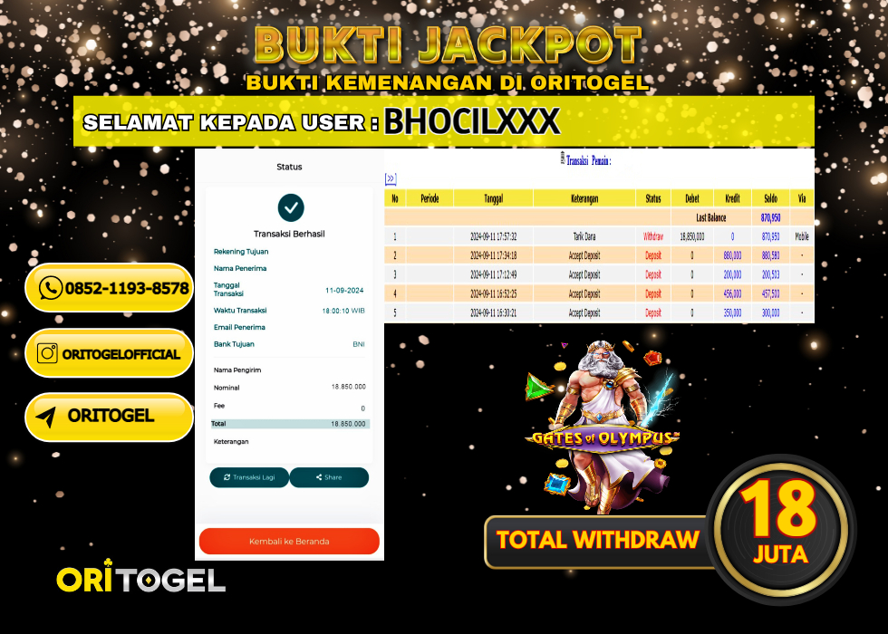 ORITOGEL JACKPOT SLOT GATES OF OLYMPUS RP.18.850.000,- LUNAS USER ID : BHOCIL****
