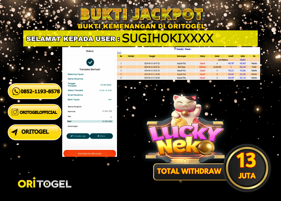 ORITOGEL JACKPOT SLOT LUCKY NEKO RP.13.000.000,- LUNAS USER ID : SUGIHHOKI***