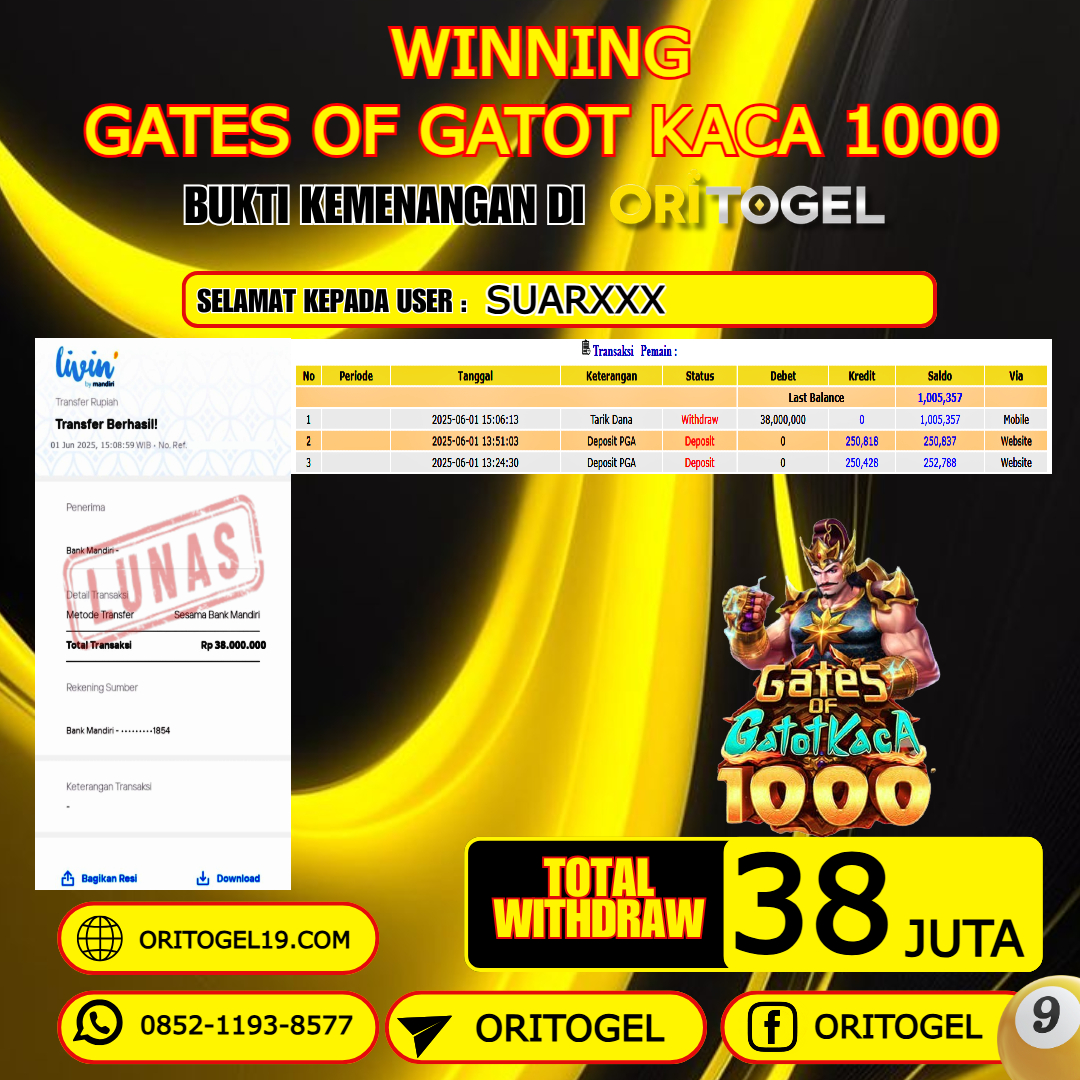 ORITOGEL JACKPOT SLOT GATES OF GATOT KACA 1000 RP.38.000.000,- LUNAS USER ID : SUAR***