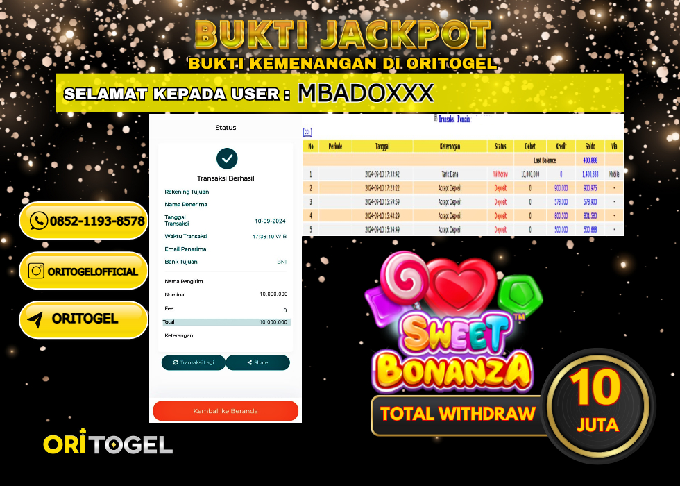 ORITOGEL JACKPOT SLOT SWEET BONANZA RP.10.000.000,- LUNAS USER ID : MBADO***