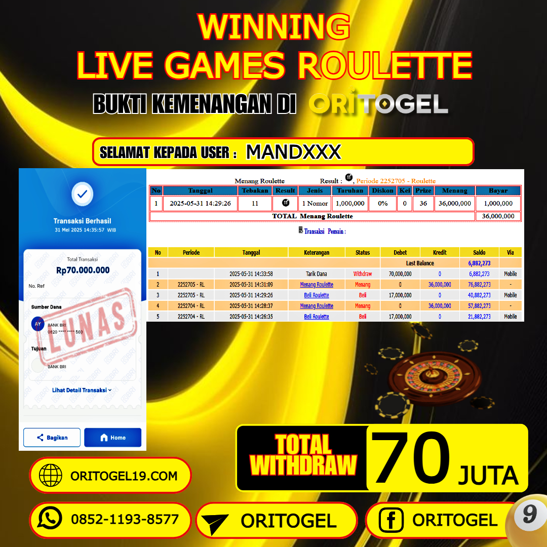 ORITOGEL JACKPOT LIVE GAMES ROULETTE RP.70.000.000,- LUNAS USER ID : MAND***
