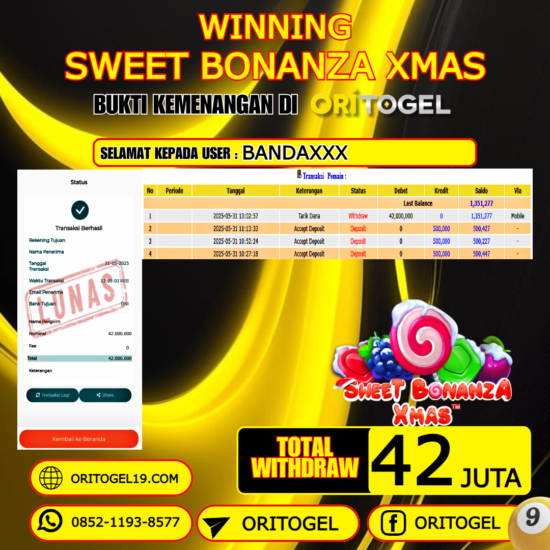ORITOGEL JACKPOT SLOT SWEET BONANZA XMAS RP.42.000.000,- LUNAS USER ID : BANDA***