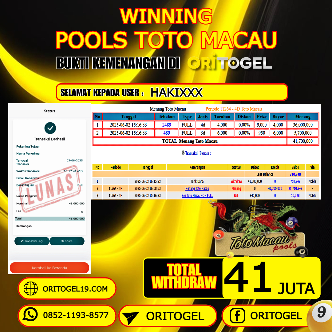 ORITOGEL JACKPOT TOGEL TOTO MACAU RP.41.000.000,- LUNAS USER ID : HAKI***